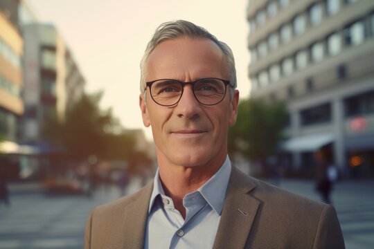 Adult Grey-Haired European Businessman Wearing Glasses Posing in Street