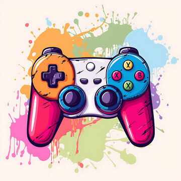 Colorful video game controller with splash of Paint Splatters, Graffiti style, spray background. vector illustration for t-shirts, Sticker, mugs, cases, apparel .