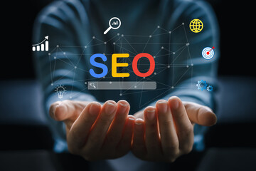 Human holding with Search engine optimization SEO networking concept, Searching browsing Internet...