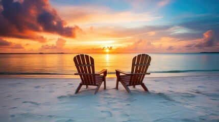 Two empty beach chairs on white beach on the Maldives at sunset. Generative AI