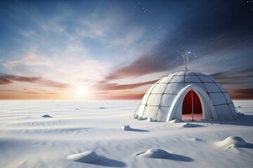 typical igloo on a snowy plain and side light. In addition there is a Christmas pole. Generative ai - obrazy, fototapety, plakaty