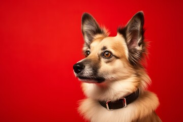 Photography in the style of pensive portraiture of a happy norwegian lundehund wearing a spiked collar against a red background. With generative AI technology