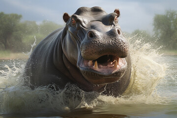 Fototapeta premium Angry hippopotamus in the water
