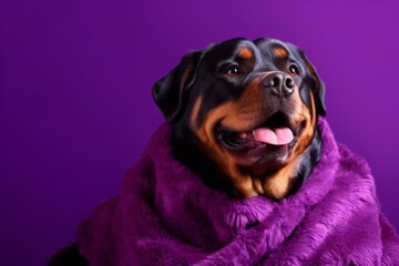 Environmental portrait photography of a smiling rottweiler wearing a plush robe against a vibrant purple background. With generative AI technology