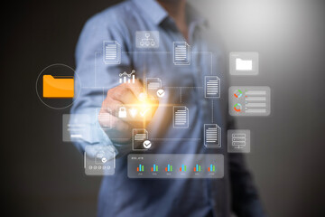 Document management system concept, Man using laptop with document icon concept for online document database. server, online storage.
