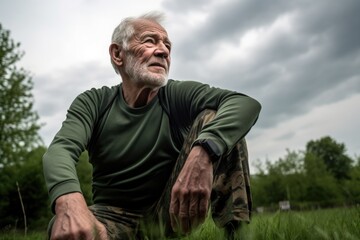 Naklejka na ściany i meble yoga, fitness and senior man with injury during stretching exercise in the outdoors