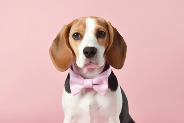 Lifestyle portrait photography of a smiling beagle wearing a dapper suit against a pastel pink background. With generative AI technology