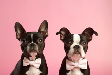Close-up portrait photography of a cute boston terrier wearing a cute bow tie against a pastel pink background. With generative AI technology