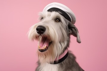 Medium shot portrait photography of a smiling irish wolfhound dog wearing a sailor suit against a pastel pink background. With generative AI technology