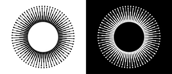 Circle with lines like sun concept. Can be used as an icon, logo, tattoo. Black lines on a white background and white lines on the black side.