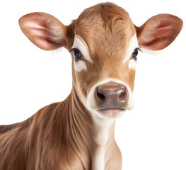 Close up portrait of a brown calf isolated on a white background as transparent PNG