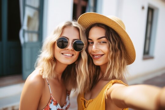 shot of two young women taking a photo together on vacation