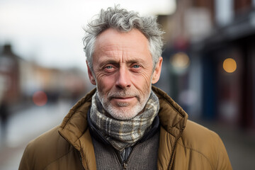 Portrait of senior man with gray hair wearing warm clothing in the city