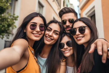 travel, happy and friends taking a selfie while on vacation in the city
