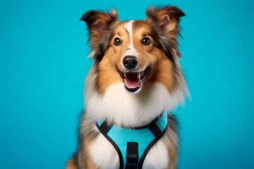 Medium shot portrait photography of a happy shetland sheepdog wearing a harness against a turquoise blue background. With generative AI technology