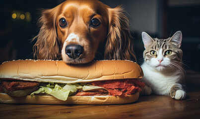 Curious cat and dog eyeing a hot dog. Created with AI