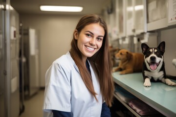portrait of a happy young woman at work in her veterinary clinic - obrazy, fototapety, plakaty