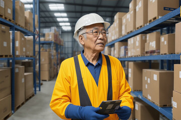 A senior Asian man wear worker suit, warehouse employee stands in the center of a bustling warehouse, he arms full of boxes as he surveys the shelves of inventory behind his.