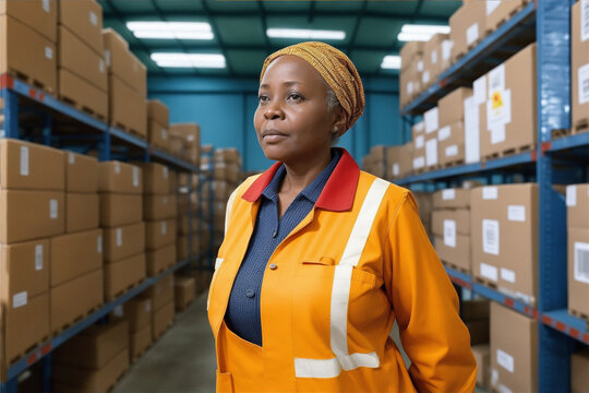 An senior Africa female wear worker suit, warehouse employee stands in the center of a bustling warehouse, her arms full of boxes as she surveys the shelves of inventory behind her. Generated Ai