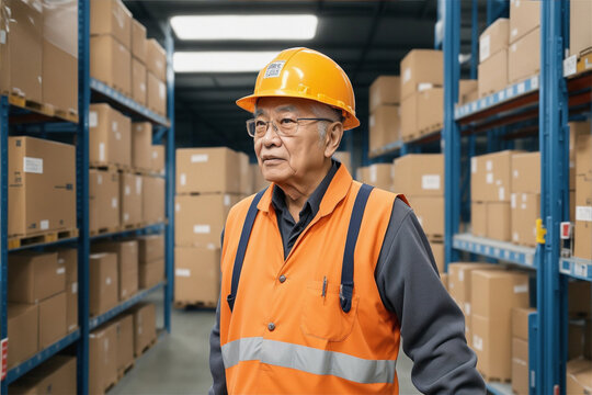 A Senior Asian Man Wear Worker Suit, Warehouse Employee Stands In The Center Of A Bustling Warehouse, He Arms Full Of Boxes As He Surveys The Shelves Of Inventory Behind His. Generated Ai