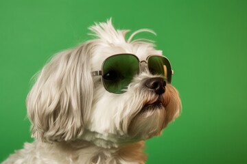 Environmental portrait photography of a funny havanese dog wearing a trendy sunglasses against a green background. With generative AI technology