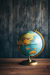 A world globe on a rustic wood background