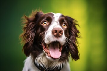 Close-up portrait photography of a smiling english springer spaniel wearing a sherpa coat against a green background. With generative AI technology