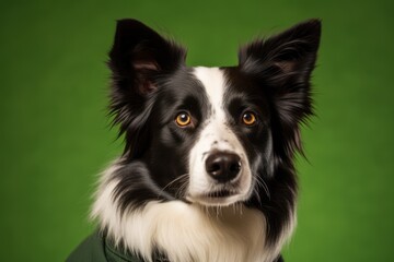 Medium shot portrait photography of a cute border collie wearing a sports jersey against a green background. With generative AI technology