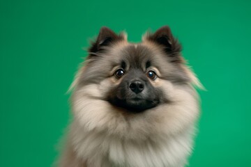 Photography in the style of pensive portraiture of a cute keeshond wearing a therapeutic coat against a green background. With generative AI technology