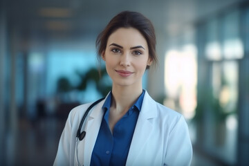 Portrait confident young female doctor medical professional standing on hospital clinic hallway windows background. Positive face expression