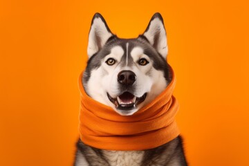 Medium shot portrait photography of a smiling siberian husky wearing a snood against a bright orange background. With generative AI technology