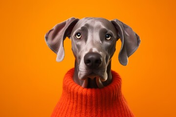 Close-up portrait photography of a funny great dane wearing a cashmere sweater against a bright orange background. With generative AI technology