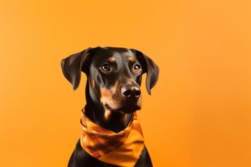 Lifestyle portrait photography of a cute doberman pinscher wearing an anxiety wrap against a bright orange background. With generative AI technology
