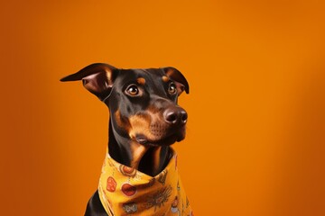 Lifestyle portrait photography of a cute doberman pinscher wearing an anxiety wrap against a bright orange background. With generative AI technology