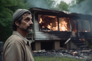 shot of a man standing outside his burning home