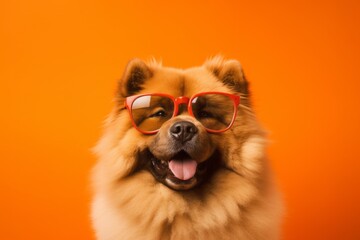 Medium shot portrait photography of a happy chow chow dog wearing a hipster glasses against a bright orange background. With generative AI technology