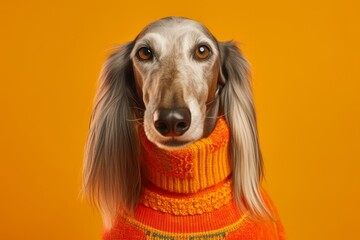 Lifestyle portrait photography of a cute afghan hound dog wearing a festive sweater against a bright orange background. With generative AI technology