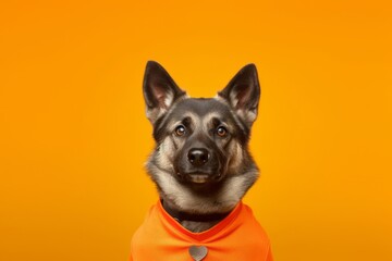 Conceptual portrait photography of a cute norwegian elkhound wearing a sports jersey against a bright orange background. With generative AI technology - obrazy, fototapety, plakaty