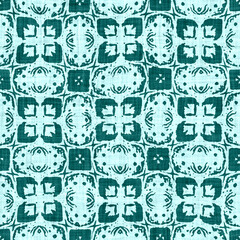 Teal blue white vibrant watercolor batik azulejos tile border banner background. Seamless coastal blur linen effect geometric mosaic effect. Patchwork nautical masculine summer ribbon trim. 