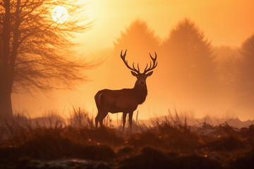 Fototapeta na wymiar Deer spotted in autumn at dawn
