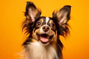 Close-up portrait photography of a smiling papillon dog wearing a shark fin against a bright orange background. With generative AI technology