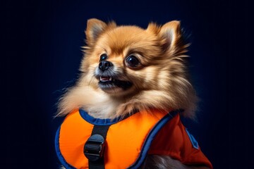 Photography in the style of pensive portraiture of a funny pomeranian wearing a life jacket against a deep indigo background. With generative AI technology