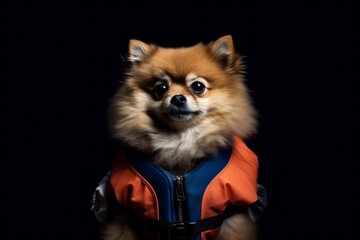 Photography in the style of pensive portraiture of a funny pomeranian wearing a life jacket against a deep indigo background. With generative AI technology