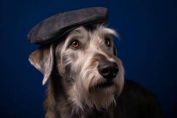 Medium shot portrait photography of a happy irish wolfhound dog wearing a cool cap against a deep indigo background. With generative AI technology