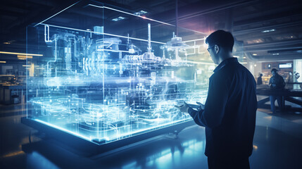 Fototapeta premium Embracing Industry 4.0: Industrial Engineer with Tablets Harness Big Data for High-Tech Electronics Facility Enhancement