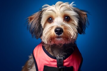 Headshot portrait photography of a cute lowchen dog wearing a swimming vest against a deep indigo background. With generative AI technology - obrazy, fototapety, plakaty