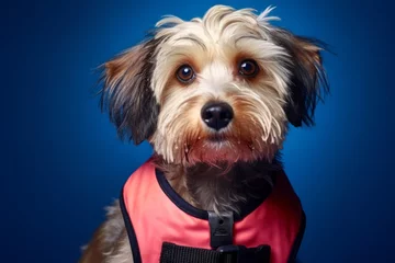 Foto op Canvas Headshot portrait photography of a cute lowchen dog wearing a swimming vest against a deep indigo background. With generative AI technology © Markus Schröder