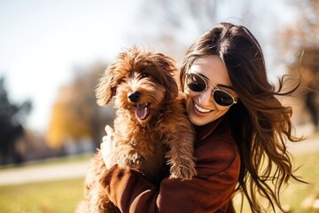 shot of a young woman being held by her dog while playing outside