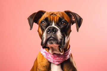 Obraz premium Close-up portrait photography of a funny boxer dog wearing a bandana against a peachy pink background. With generative AI technology