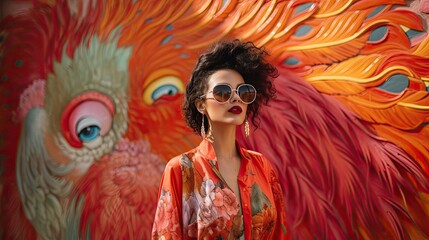 Model wearing oversized bohemian sunglasses, set against a mural of a phoenix